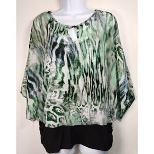 Jennifer Lopez Womens L Green Abstract Sheer Blouse Lined Keyhole Top